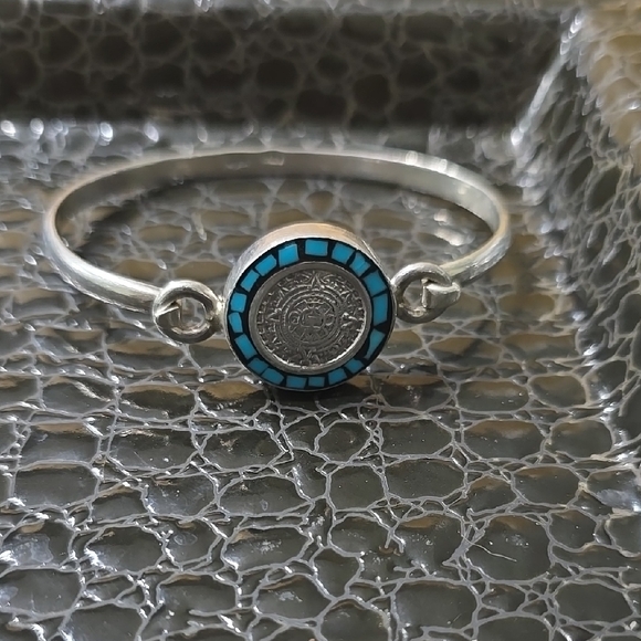 Vintage Taxco Mexico 925 Sterling Silver Aztec Silver and Blue Women's Bracelet - Picture 1 of 7